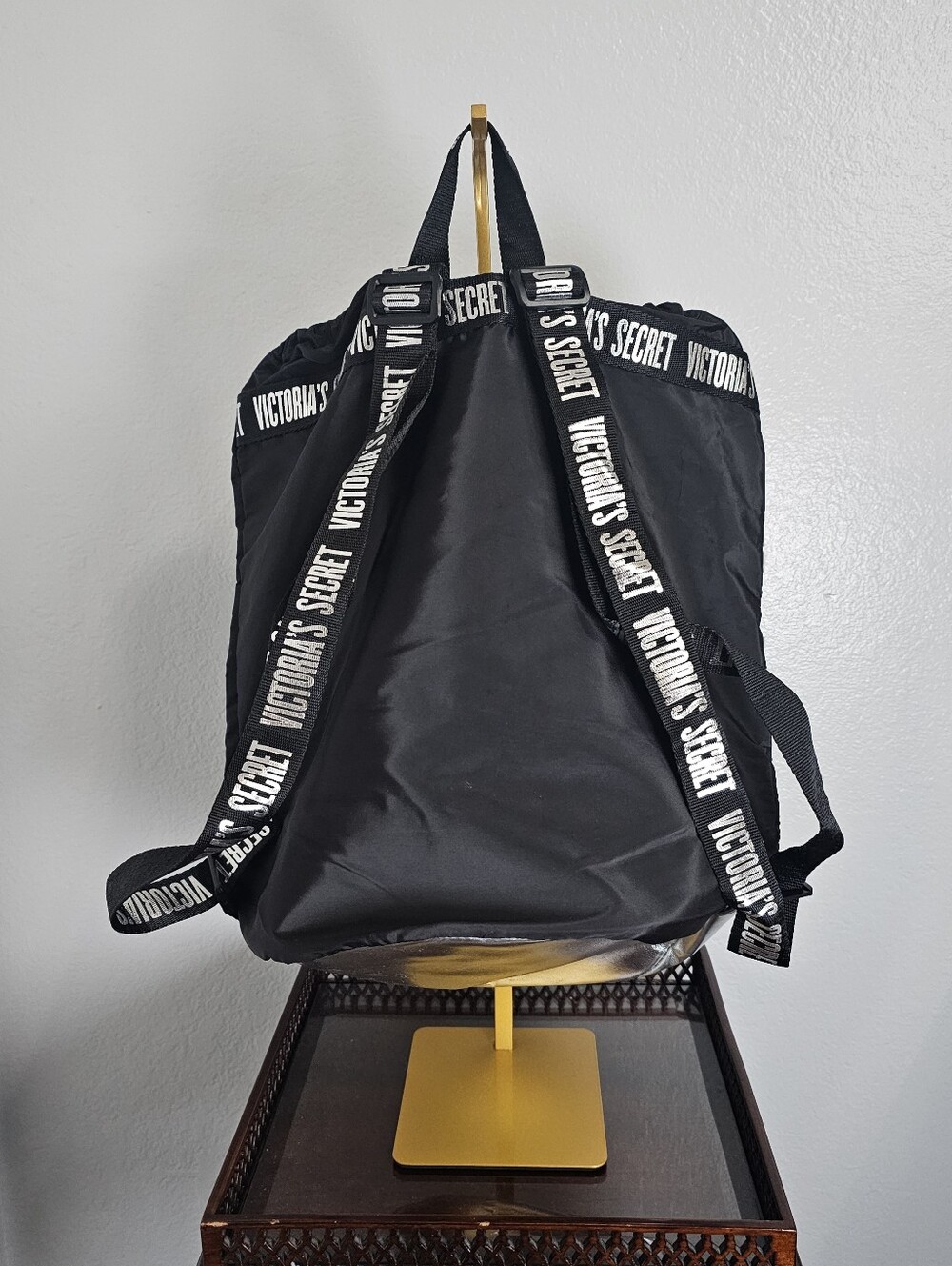 Victoria's Secret Black Nylon Pink Cord Backpack Silver Base Sz 15.5x15.5x10 NEW - Picture 3 of 4